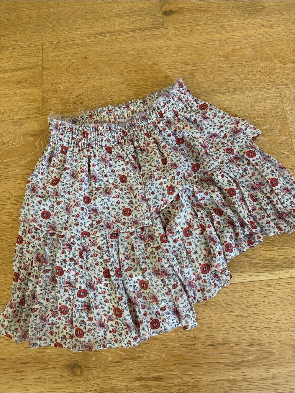 LoveShackFancy White Mini Skirt with Red Floral Print